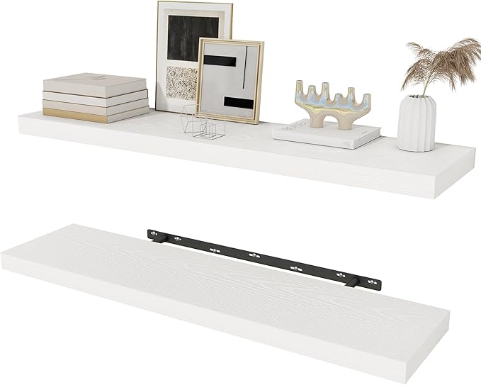Fun Memories White Floating Shelves 36 Inch Long, Rustic Farmhouse Bathroom Shelves Over Toliet, 36 x 8 Inch Floating Shelves for Wall, Deep Wall Shelf for Living Room, Kitchen, Bedroom, Set of 2-Ruum Studio Home