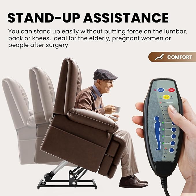 Large Dual Motor Power Lift Recliner Chair with Massage and Heat for Elderly People, Infinite Position,USB Ports and Remote Control,Breathable Leather (Red Brown)-Ruum Studio Home
