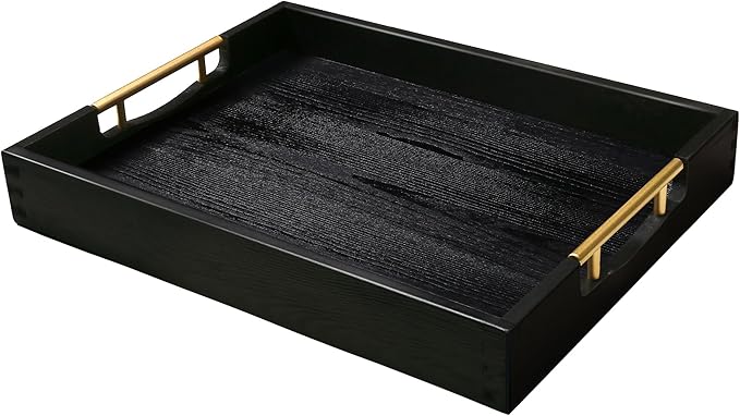 LotFancy Wood Serving Tray, 17x13”, Large Ottoman Tray with Metal Handles, Decorative Wooden Tray for Living Room, Ottoman, Coffee Table, 2 Skidproof Coasters Included, Black-Ruum Studio Home