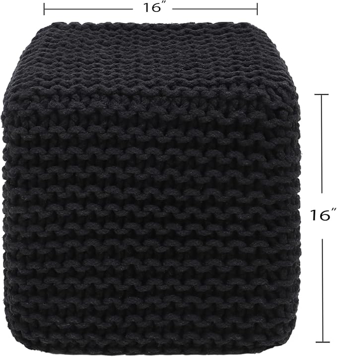 REDEARTH Cube Pouf Foot Stool Ottoman - Hand Knitted Poof - Cord Boho Pouffe - Home Décor - Stuffed Footrest for Living Room - Bedroom - Covered Patio (16" x 16" x 16") - Black-Ruum Studio Home