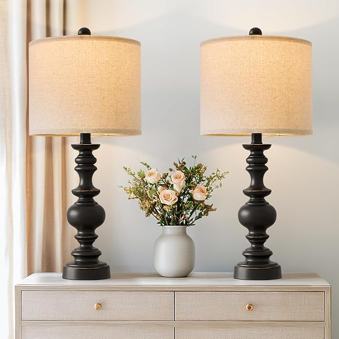 BOBOMOMO 24" Traditional Farmhouse Table Lamp Set of 2, Vintage Resin Lamps for Living Room Bedroom, Rustic Nightstand Lamp with Linen Shades, Retro Black Table Lamps for Living Room, Bedroom, Office-Ruum Studio Home