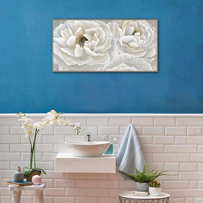 arteWOODS Cream White Flowers Framed Wall Art - Soft Peony Pictures for Wall Decor Elegant Blossom Flower Painting Artwork Botanical Prints for Living Room Home Office Wall Decoration 20" x 40"-Ruum Studio Home