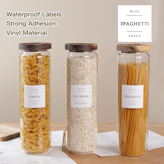 3 Set Glass Pantry Storage Jars with Acacia Airtight Lid - 50oz Thicken Glass Kitchen Canisters with 132 Pantry Labels - Tall Food Storage Containers with Wood Lid for Pasta,Spaghetti,Cereal-Ruum Studio Home