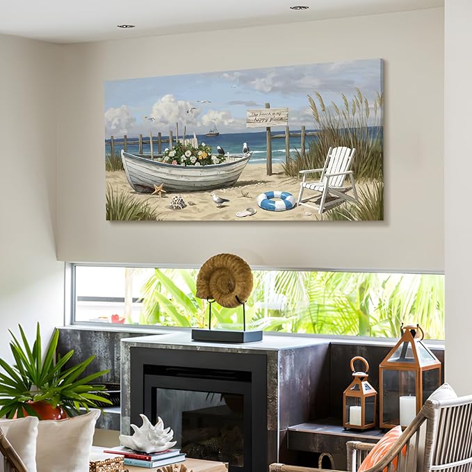 amatop Large Coastal Wall Art Nautical Beach Canvas Art Print Flower-Filled Boat on Sand Ocean Waves Seaside Seascape ArtworkSea Birds Marine Picture Home Decor for Living Room Bedroom Office 48×24 Inch-Ruum Studio Home