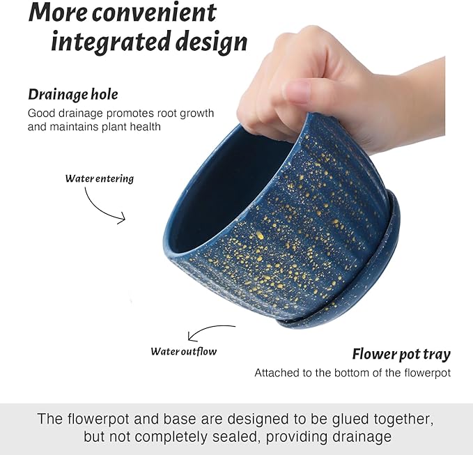 4/5/6 Inches Ceramic Plant Pots with Drainage Holes and Saucers, Round Flower Pots for Indoor Plant, Modern Flower Planters Set of 3 (Blue with Dot-Big Size)-Ruum Studio Home