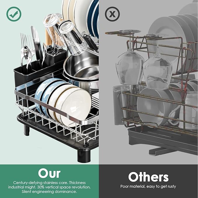 MOUKABAL Dish Drying Rack - 2 Tier Stainless Steel Dish Rack, Dish Racks for Kitchen Counter, Drying Rack Kitchen with Removable Utensil Holder and Drainboard (Black)-Ruum Studio Home
