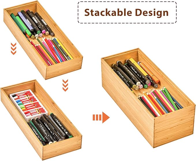 Umilife Bamboo Kitchen Drawer Organizer Boxes with Anti-Skid Silicone Feet, 2pcs Stackable Storage Bins for Kitchen Utensils & Silverware & Desk Drawer & Makeup, Tools Holder, 15”L x 6”W x 2.5”D Each-Ruum Studio Home