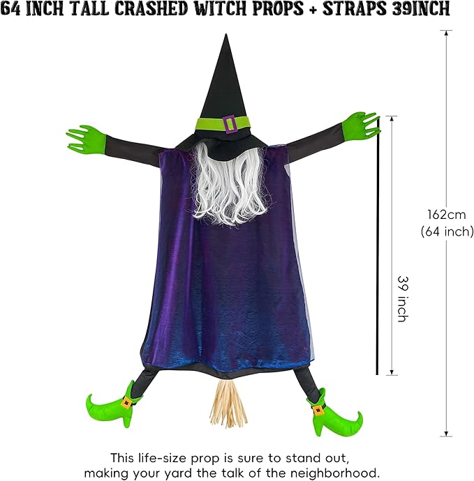 POPGIFTU 64" Large Crashing Witch into Tree Halloween Outdoor Decoration – Funny Flying Witch Yard Prop for Porch, Garden & Lawn, Weather-Resistant Halloween Decor-Ruum Studio Home