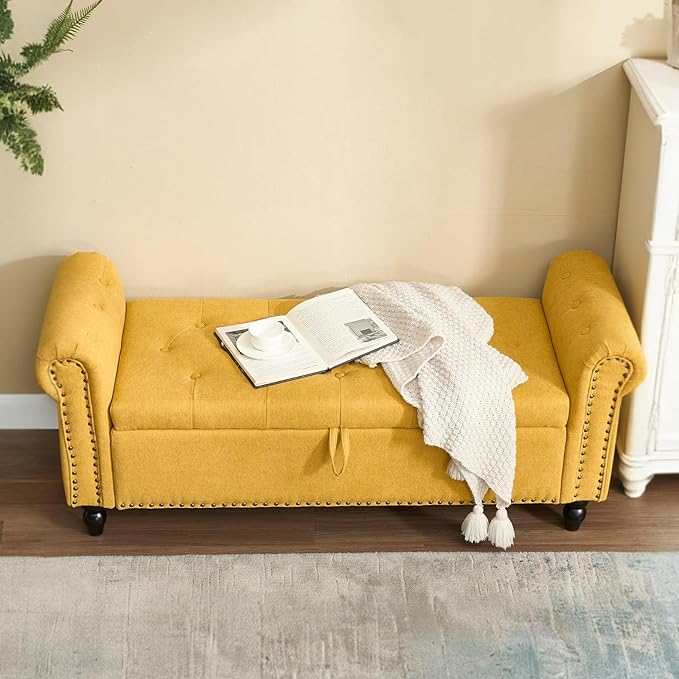 Furniliving 55” End of Bed Bench, Bedroom Bench with Button-Tufted, Large Upholstered Storage Ottoman Benches Window Bench with Storage Shoe Cabinet Bench, for Bedroom, Living Room, Linen, Yellow-Ruum Studio Home
