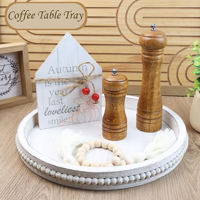 Round Wood Serving Tray with Beads, White Washed Wooden Decorative Tray for Entertaining, Decoration, and Gifting-Ruum Studio Home