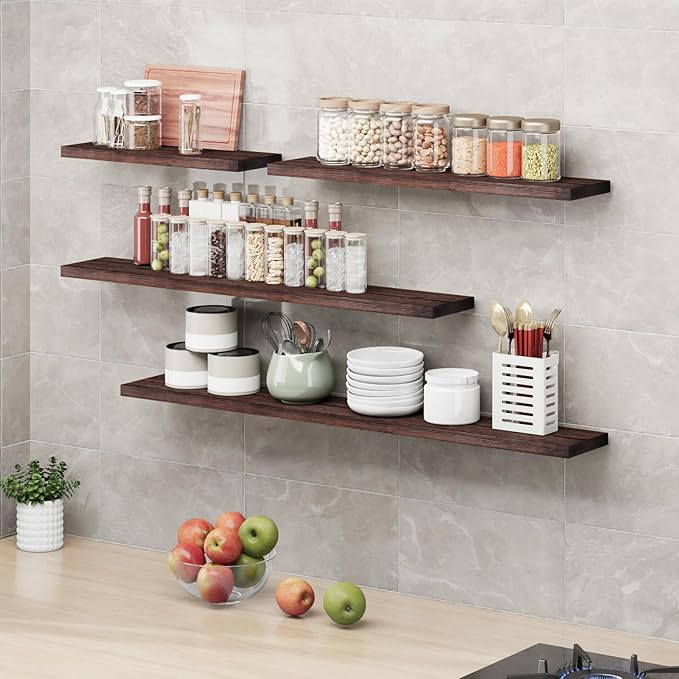 SAUMONIERES Floating Shelves 8 Inch Deep Solid Wood Wide Wall Shelf Set of 2 Wall Mounted for Bedroom Bathroom Living Room Kitchen, 36 Inch Walnut-Ruum Studio Home