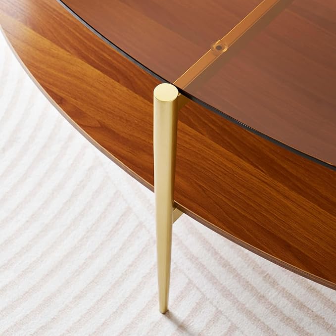 Oval Glass Coffee Table, Mid-Century Modern Design, L43 x W22 x H17 inch, 2-Tier Structure, Olive Shaped Amber Glass Top and Walnut Finish Wood Shelf, Tapered Legs with Gold Finish Frame-Ruum Studio Home