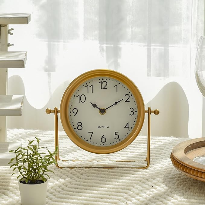 Vintage Golden Table Clock - Elegant Battery Operated Office, Living Room, and Bedroom Clock with Minimalist Design Gold Table Decor 22x19.5x5.5cm-Ruum Studio Home