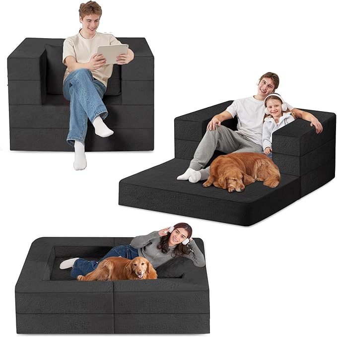 Folding Bean Bag Chair for Adults,3-in-1 Bean Bag Couch Faux Fur Floor Sofa Large Beanbag Convertible Bean Bag Sofa Bed with Pillow in Bedroom,Living Room,Apartment(Twin,Black)-Ruum Studio Home