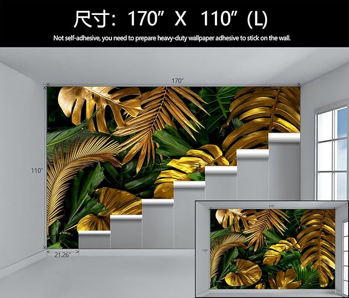 WFBHUA-Gold and Green Tropical Jungle Palm Leaf Wallpaper Mural Monstera Wall Mural for Living Room Bedroom (Not Peel and Stick)-Ruum Studio Home