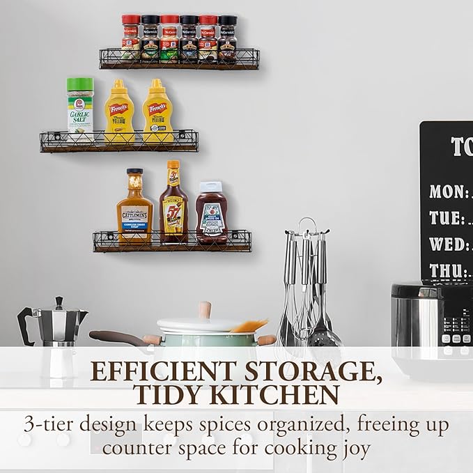MyGift 14 Inch Wall Mounted Kitchen Spice Racks, Rustic Burnt Solid Wood and Black Metal Wire Geometric Hanging Organizers for Seasoning Jars or Condiment Bottles, Set of 3-Ruum Studio Home