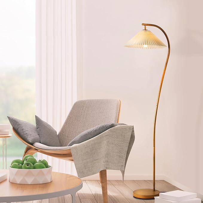 GLOBE Electric x Novogratz 61000043 62" Floor Lamp, Wood Toned, White Pleated Shade, Pivot Joint on Shade, On/Off Foot Switch, Black Cord, Modern Lighting for Living Room or Office-Ruum Studio Home