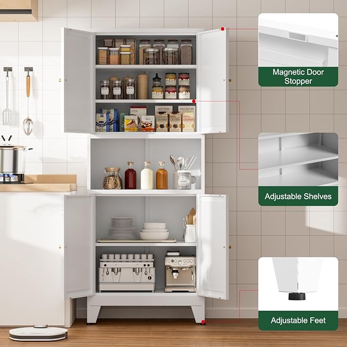 69" Tall Kitchen Pantry Cabinet, Metal Storage Cabinet with 4 Doors and Adjustbale Shelves, Freestanding Cupboards for Dining Room, Living Room, Bathroom-Ruum Studio Home