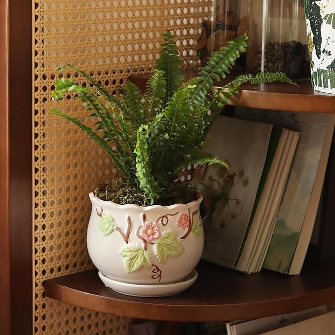 Ceramic Plant Pots with Drainage Holes and Saucers, Round Flower Pots for Indoor Plant, 3.9/5.2/6.7 Inches Small Flower Planters Set of 3-Ruum Studio Home