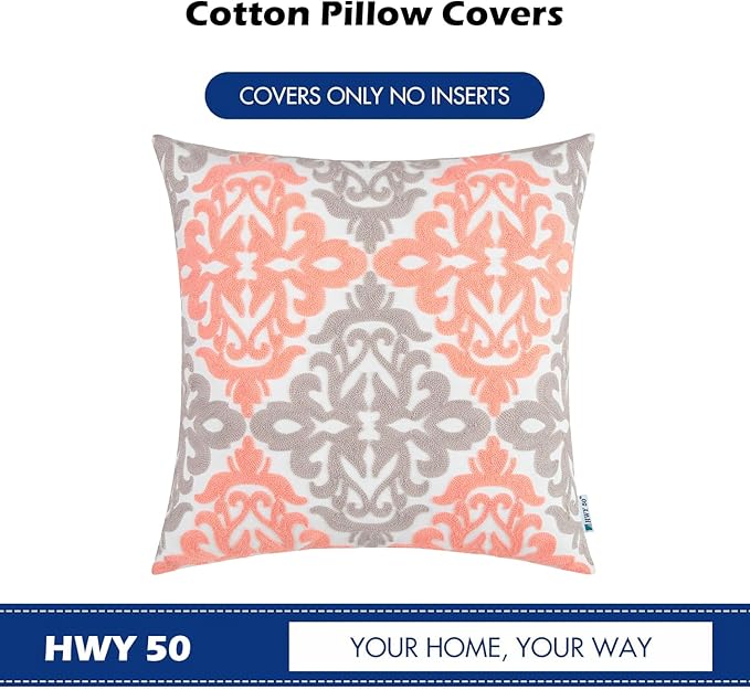 HWY 50 Coral Pink Decorative Throw Pillow Covers 18x18 Inch (1 Piece), Embroidered Cotton Farmhouse Cushion Cover Pillow Case for Sofa Couch Living Room Bed Bedroon, Floral Geometric-Ruum Studio Home