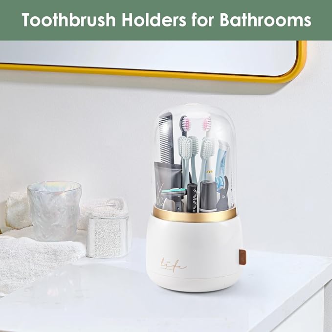 Toothbrush Holders for Bathrooms,Rotating 7-Slot with Cover and Draining Water,Kids Electric Toothbrush Holder and Toothpaste Stand Storage for Bathroom Accessories Counter Organizer Vanity-Ruum Studio Home