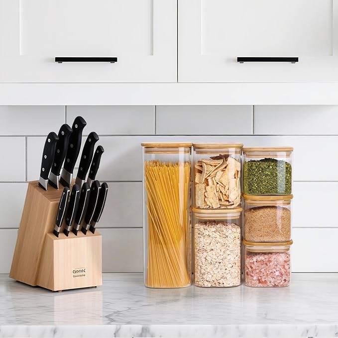 ComSaf Food Storage Containers with Airtight Lids Set of 6, Clear Glass Canister Food Jar with Sealing Lid Kitchen Pantry Storage Container for Spaghetti Pasta Sugar Flour Oat Cereal Beans, Square-Ruum Studio Home