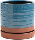 6 Inch Plant Pots, Ceramic Planter Pot with Drainage Hole & Saucer, Indoor/Outdoor Cylinder Round Planter Pot, Aqua Blue & Terracotta Red-Ruum Studio Home