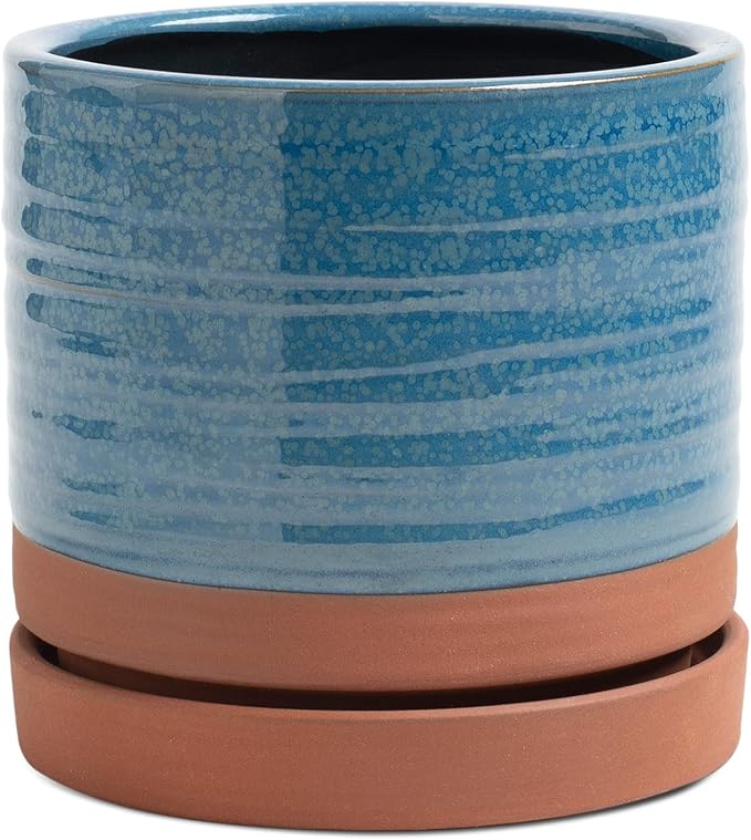 6 Inch Plant Pots, Ceramic Planter Pot with Drainage Hole & Saucer, Indoor/Outdoor Cylinder Round Planter Pot, Aqua Blue & Terracotta Red-Ruum Studio Home