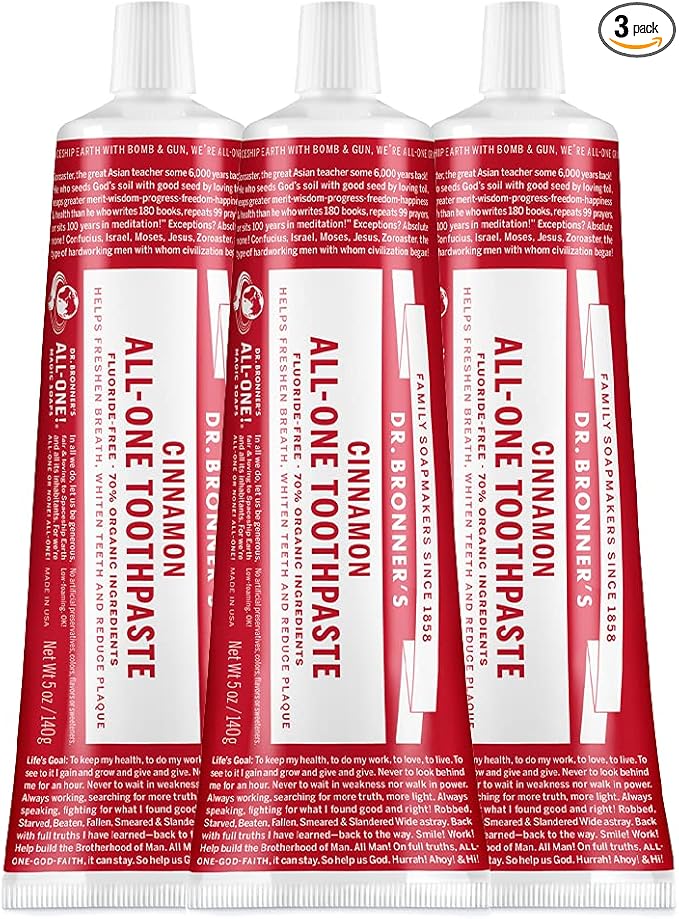 Dr. Bronner’s All-One Toothpaste– Cinnamon, 5 oz, 3-Pack– Fluoride-Free Toothpaste for Adults, SLS-Free, 70% Organic & Natural Ingredients, Vegan, Helps Freshen Breath, Reduce Plaque, Whiten Teeth-Ruum Studio Home