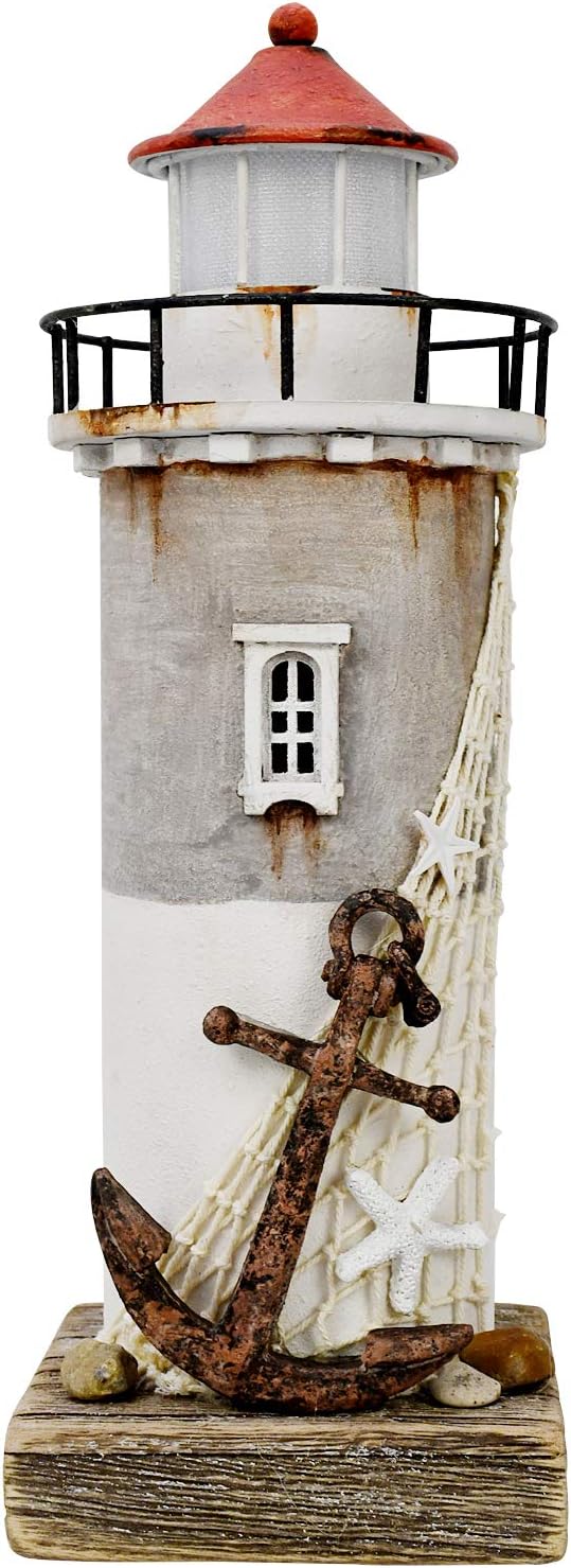Linfevisi Wood Lighthouse Decor Rustic LED Light House Decor Wooden Decorative Nautical Lighthouse Statue Coastal Beach Themed Lighthouse Handcrafted Tabletop Decoration Home Bathroom (11.4")-Ruum Studio Home