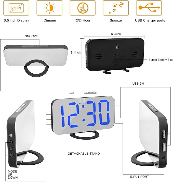 Digital Alarm Clock,Mirror Surface LED Electronic Clocks,with USB Charger,Snooze Model, Auto/Custom Brightness,for Office Table Bedroom Nightstand(Black-Blue)-Ruum Studio Home