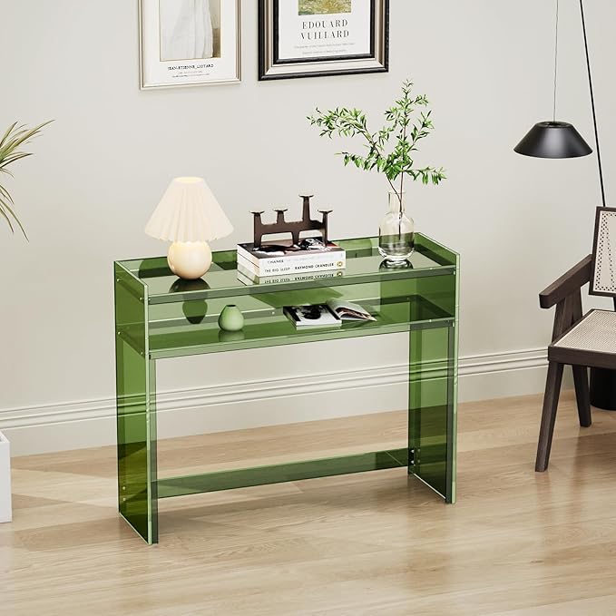 Acrylic Console Table, Entryway Table with Storage Shelves (Green)-Ruum Studio Home