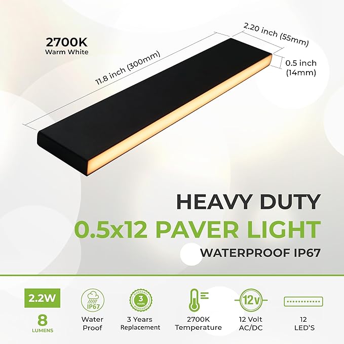 LUMENGY Paver Light Slim 0.5x12 Inch (0.55 x 11.8) Glare-Free Steel Lighting for Pavers, Brick, Walls, Driveways, Walkways & Pathways, 2700K Warm White, Waterproof, Drive-Over, Weird 12V AC/DC-Ruum Studio Home