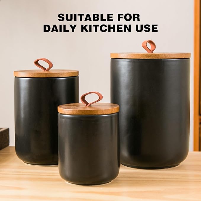 Black Ceramic Canister Set, 3pcs Ceramic Kitchen Canisters for Countertop with Airtight Wood Lids, Large Flour and Sugar Containers for Coffee, Tea, Spice-Ruum Studio Home