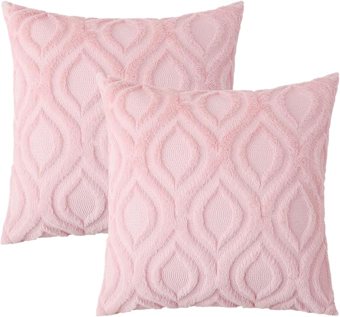 decorUhome Throw Pillow Covers 22x22 Inch Set of 2, Soft Plush Decorative Faux Fur Light Pink Solid Couch Pillow Covers, Accent Farmhouse Neutral Square Euro Pillow Cases for Sofa Bed Living Room-Ruum Studio Home