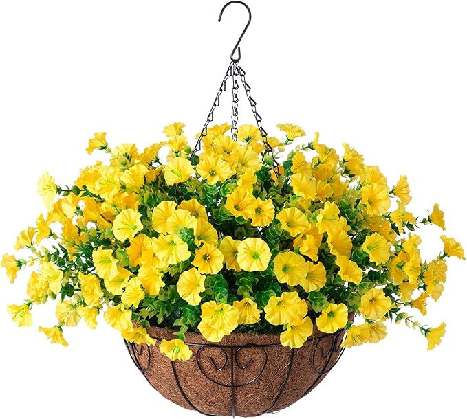Artificial Fall Flowers Fake Hanging Plants Flowers Basket for Outdoors Autumn Decoration, Yellow Silk Morning Glory with Eucalyptus Look Real UV Resistant Faux Flowers for Outside Porch Patio Balcony-Ruum Studio Home