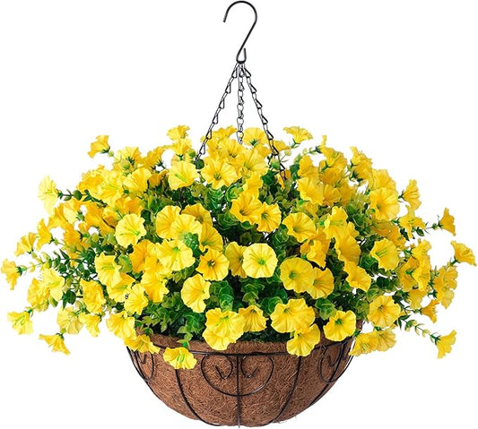 Artificial Fall Flowers Fake Hanging Plants Flowers Basket for Outdoors Autumn Decoration, Yellow Silk Morning Glory with Eucalyptus Look Real UV Resistant Faux Flowers for Outside Porch Patio Balcony-Ruum Studio Home