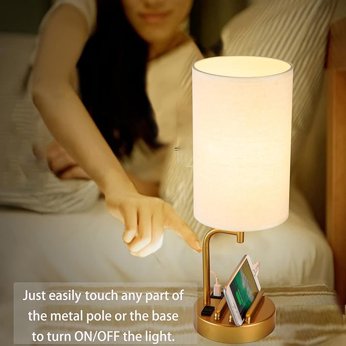 Dreamholder Touch Control USB Table Lamp, Upgraded 3-Way Dimmable Bedside Desk Lamp with USB C & A Charging Ports and AC Outlet, Nightstand Lamp for Bedroom, Dimmable Bulb Included, Gold-Ruum Studio Home
