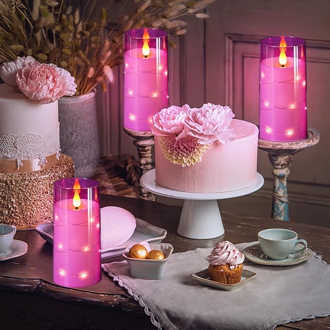 NURADA 3"x6"Flickering Flameless Candles: Built-in Star String Lights 3D Wick Battery Operated LED Pillar Candles with Remote and Timer for Table Wedding Centerpieces Party - 2 Pack Purple-Ruum Studio Home