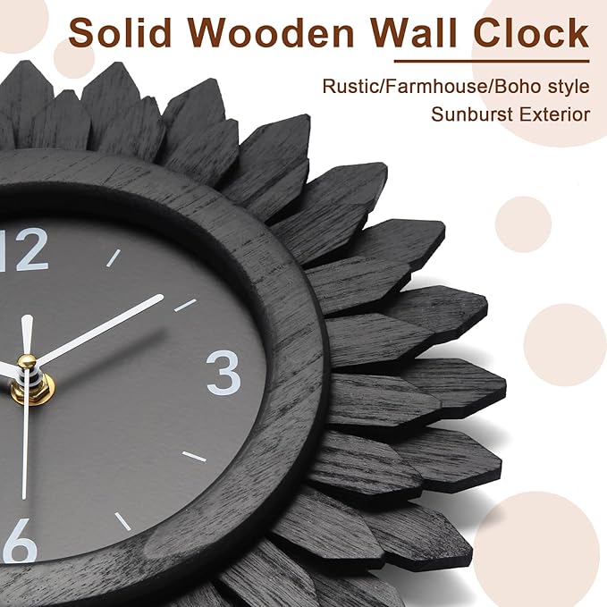 Honiway Wall Clock Battery Operated 12 Inch Rustic Wooden Boho Sunburst Decorative Wall Clock Silent Non-Ticking Black Wall Decor Clocks for Living Room Kitchen Bathroom Bedroom (Black)-Ruum Studio Home