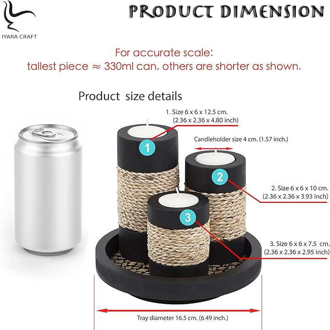 IYARA CRAFT Tealight Candle Holders with Tray – Set of 3 Handmade Wooden Candle Holders with Natural Rope Accent – Rustic Black Decor for Table Centerpiece, Office or Gift-Ruum Studio Home