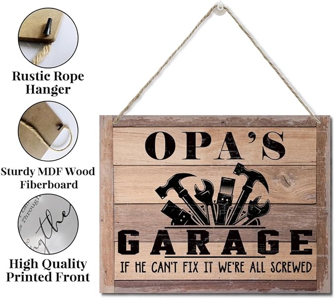 Rustic Sign, Father's Day Gift, Dad's Gift, Grandpa's Gift, Decor Hanging Wood Signs, Printed Wood Wall Art Sign, Opa's Garage, If He Can't Fix It We're All Screwed, Vintage Sign Gift for Grandpa-Ruum Studio Home