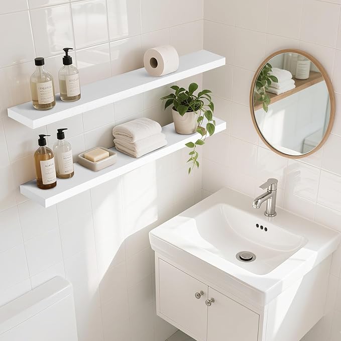 Floating Wall Shelves 2-Pack - 36-Inch Rustic White Wooden Shelves for Storage and Décor, Easy Installation for Living Room, Bedroom, and Kitchen-Ruum Studio Home