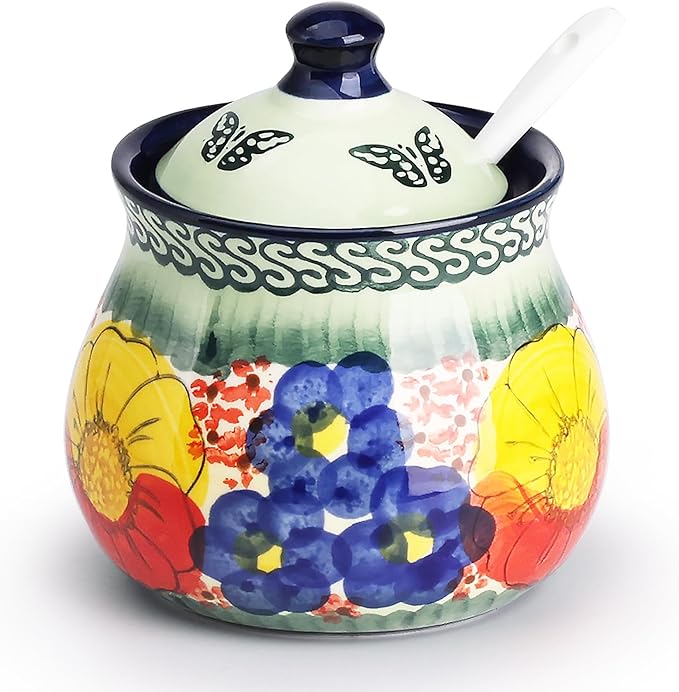 silesia Handmade Sugar Bowl with Lid and Spoon, 9 Ounce Ceramic Hand-Painted Sugar Jar for Home in Gift Box, Kitchen Decor, Oven, Dishwasher & Microwave Safe, Glazed Green-Ruum Studio Home
