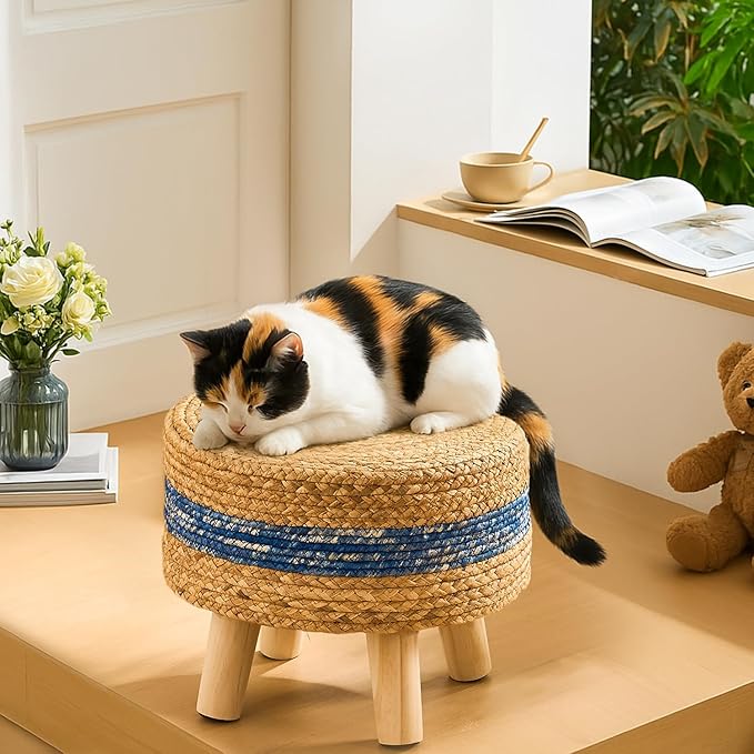 Handwoven Round Ottoman, Natural Water Hyacinth Outdoor Patio Pouf Seagrass Low Stool with Wood Legs, Soft Padded Footrest for Living Room Bedroom Garden, Blue-Ruum Studio Home