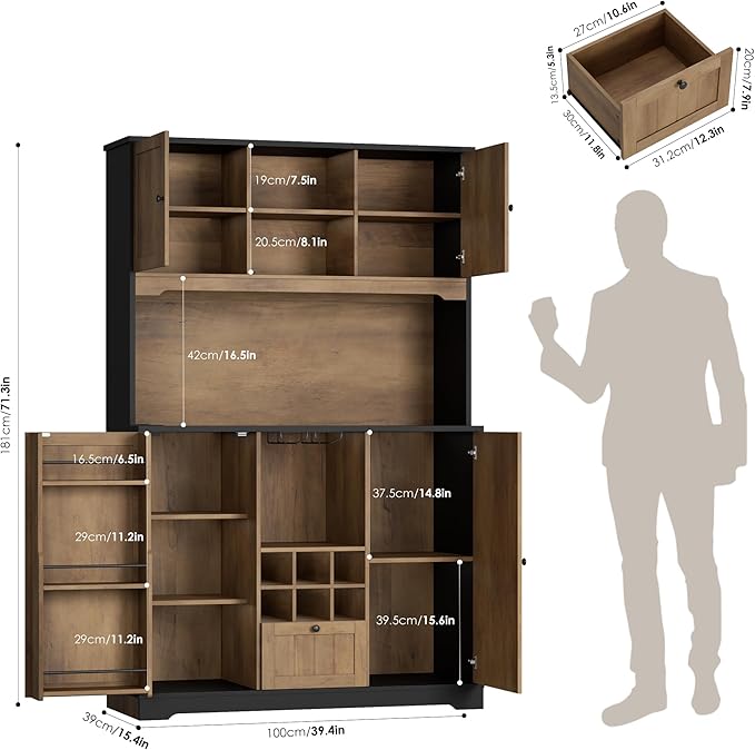 FINETONES 71" Pantry Cabinet with LED Light and Charging Station, Kitchen Pantry Cabinet with Microwave Stand, Kitchen Hutch Food Storage Cabinet with Outlet and Wine Racks, Black/Brown-Ruum Studio Home