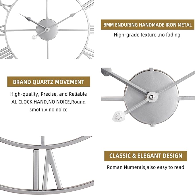 Large Wall Clock for Living Room Decor - 60cm/ 24 Inches Silent Non-Ticking Metal Wall Clocks Battery Operated, Vintage Decorative Modern Wall Clock for Bedroom, Office, Farmhouse Decor-Ruum Studio Home