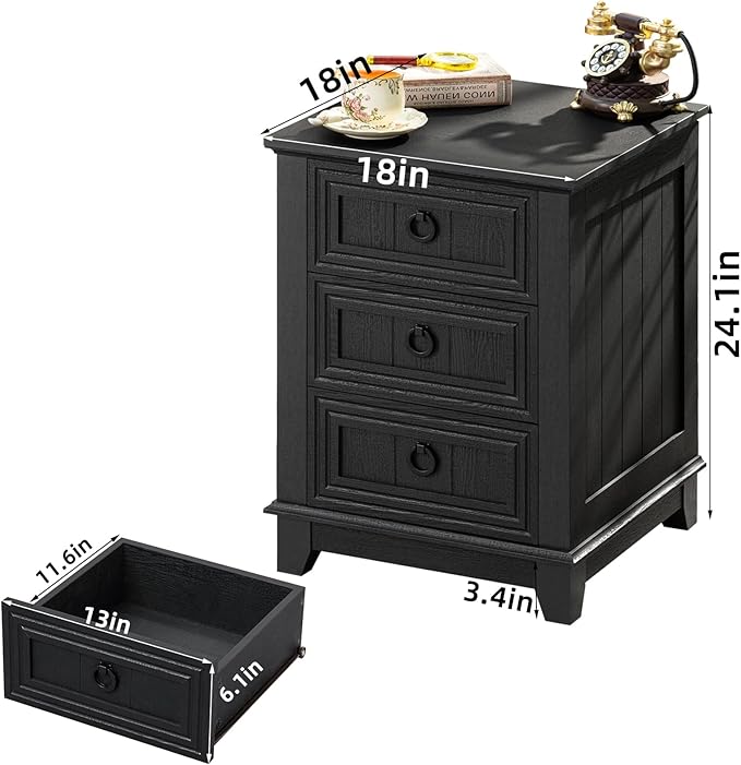 18" Farmhouse Night Stand with 3 Drawers, Wood End Table Dresser for Bedroom, Black Nightstand, Bed Side Table with Metal Handle, Bedside Cabinet for Bedroom Living Room, Closet-Ruum Studio Home