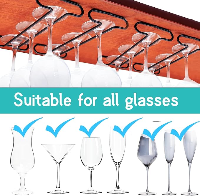 Wine Glass Rack Under Cabinet Shelf Glasses Holder Storage with Drying Stemware Rack Under Counter Metal Hanger Hanging Rack for Kitchen Black-Ruum Studio Home