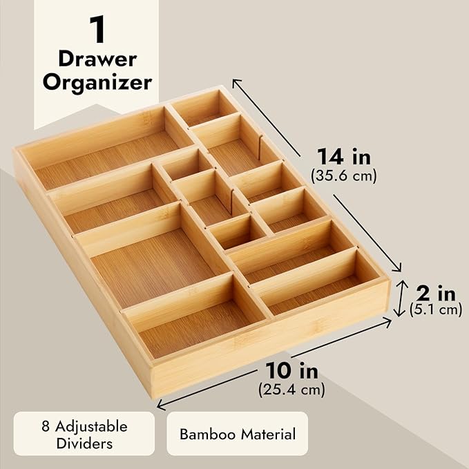 Juvale Drawer Organizer Tray - 14 x 10 x 2 In Brown Bamboo - 8 Adjustable Dividers for Custom Storage - Silverware & Utensil Organizer - Desk Drawer Divider - Versatile Wooden Divided Tray-Ruum Studio Home